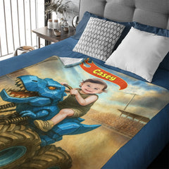Custom Monster Truck Blanket – Personalized Dinosaur Car Throw with Photo & Name – Gift for Kids
