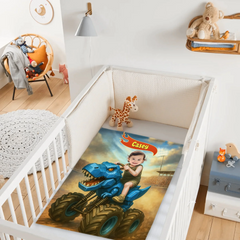 Custom Monster Truck Blanket – Personalized Dinosaur Car Throw with Photo & Name – Gift for Kids