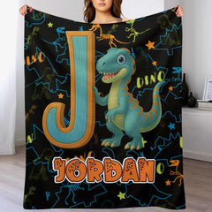 Custom Dinosaur Alphabet Blanket – Personalized Kids Name Initial Throw – Gift for Boys & Girls