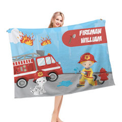 Custom Firefighter Theme Blanket – Personalized Fire Engine Name Throw – Birthday Gift for Kids