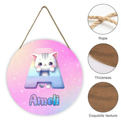 Custom Cat Wooden Door Sign - Personalized Initial Name Wall Plaque - Gift for Kids Boys Girls Nursery Decor