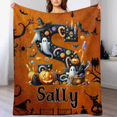 Custom Halloween Letter Blanket - Personalized Initial Name Throw Blanket - Gift for Kids & Families