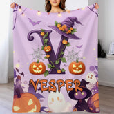 Custom Halloween Letter Blanket - Personalized Pumpkin Initial Throw - Gift for Kids & Families