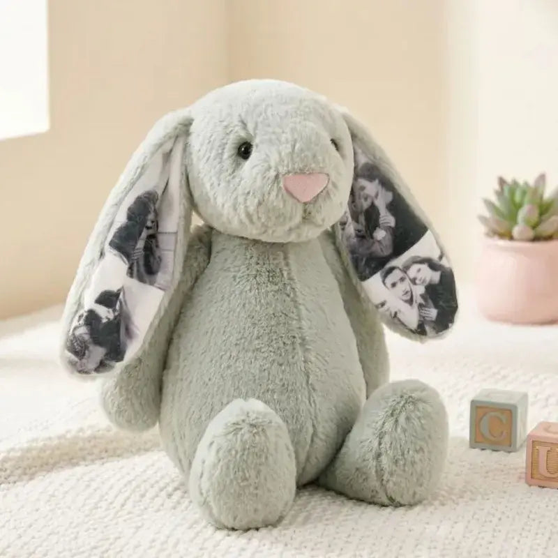 Custom Photo Bunny Plush Personalized Hidden Ear Picture Bunny Gift for Couples Anniversary Mother's Day Gifts