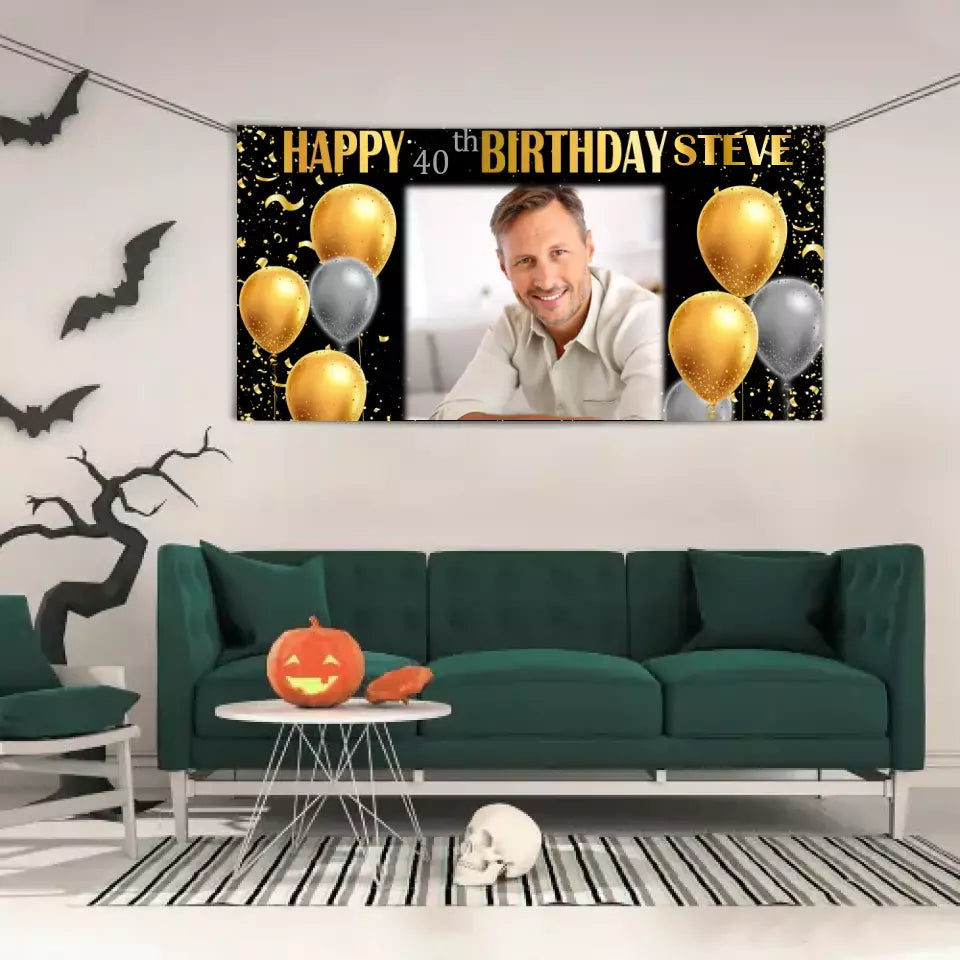 Banner de Cumpleaños con Foto - Letrero de Cumpleaños Dorado y Plateado