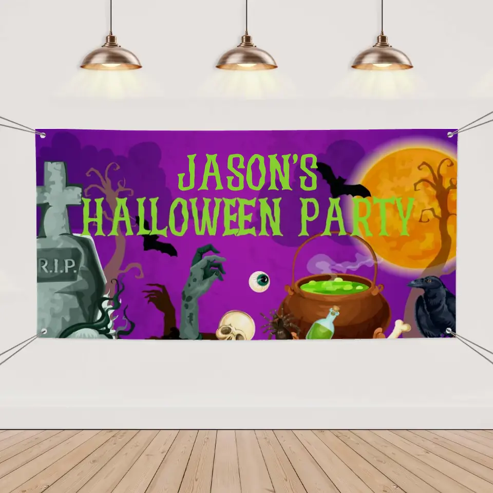 Bandera decorativa personalizada para fiesta de Halloween - Pancarta de terror morada personalizada - Suministros para fiesta de Halloween