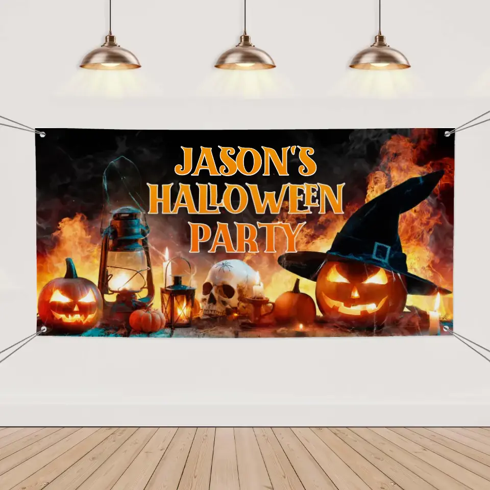 Cartel personalizado para decoración de fiesta de Halloween - Pancarta personalizada de calabaza y calavera naranja - Suministros para fiesta de Halloween para decoración interior y exterior