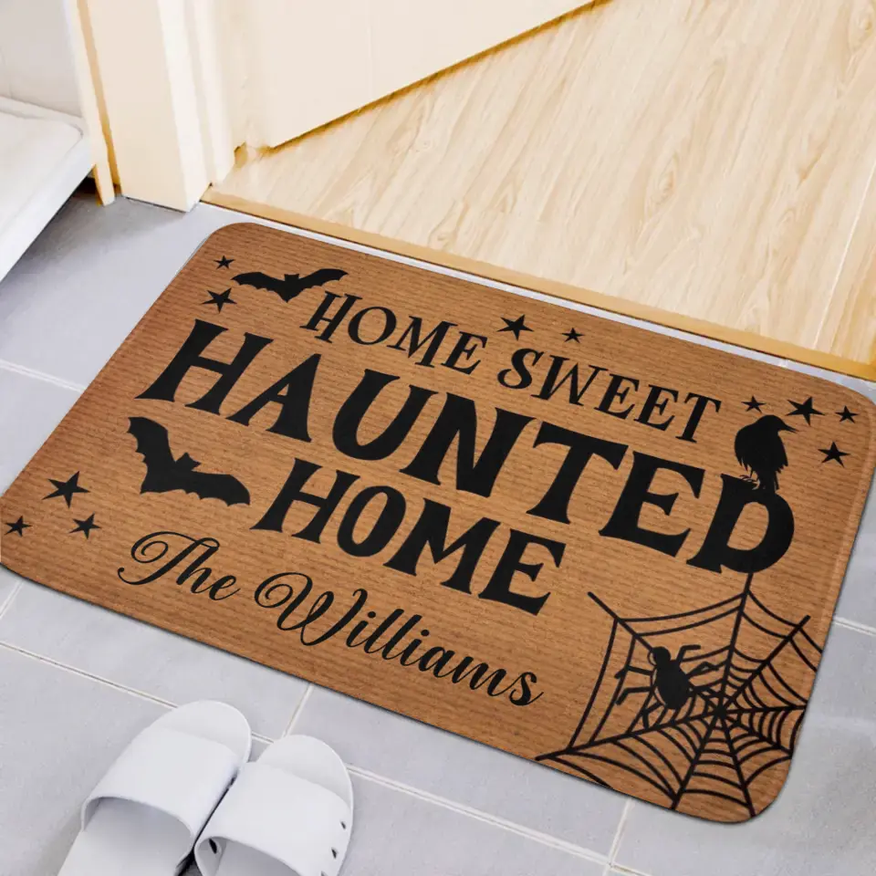 Felpudo personalizado "Mi dulce hogar embrujado" - Tapete decorativo para el hogar personalizado para la familia - Regalo de Halloween para miembros de la familia