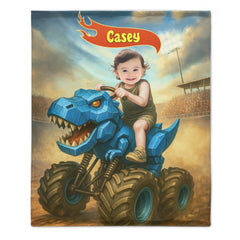 Custom Monster Truck Blanket – Personalized Dinosaur Car Throw with Photo & Name – Gift for Kids