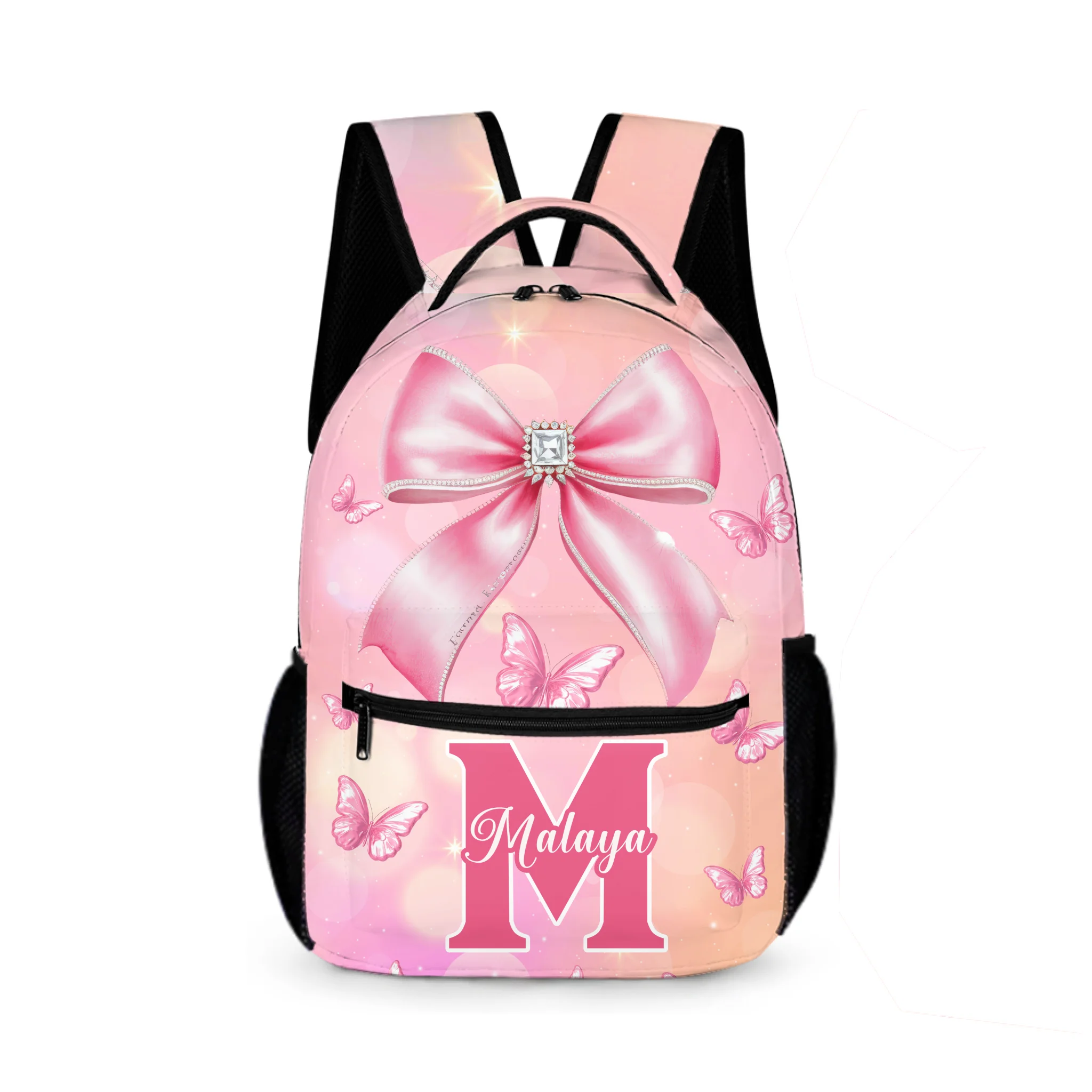 Pink Butterfly Pattern Name Customized Initials Customized Girl's Backpack - School Season Gift for Girls