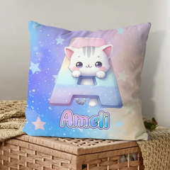 Custom Cat Pillow - Personalized Initial Name Cushion - Gift for Kids Boys Girls Room Decor