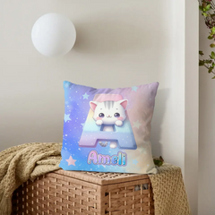 Custom Cat Pillow - Personalized Initial Name Cushion - Gift for Kids Boys Girls Room Decor