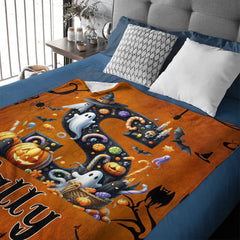 Custom Halloween Letter Blanket - Personalized Initial Name Throw Blanket - Gift for Kids & Families