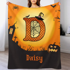 Custom Halloween Blanket – Personalized Spooky Throw Blanket with Initial & Name – Gift for Kids, Girls & Boys
