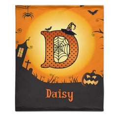 Custom Halloween Blanket – Personalized Spooky Throw Blanket with Initial & Name – Gift for Kids, Girls & Boys