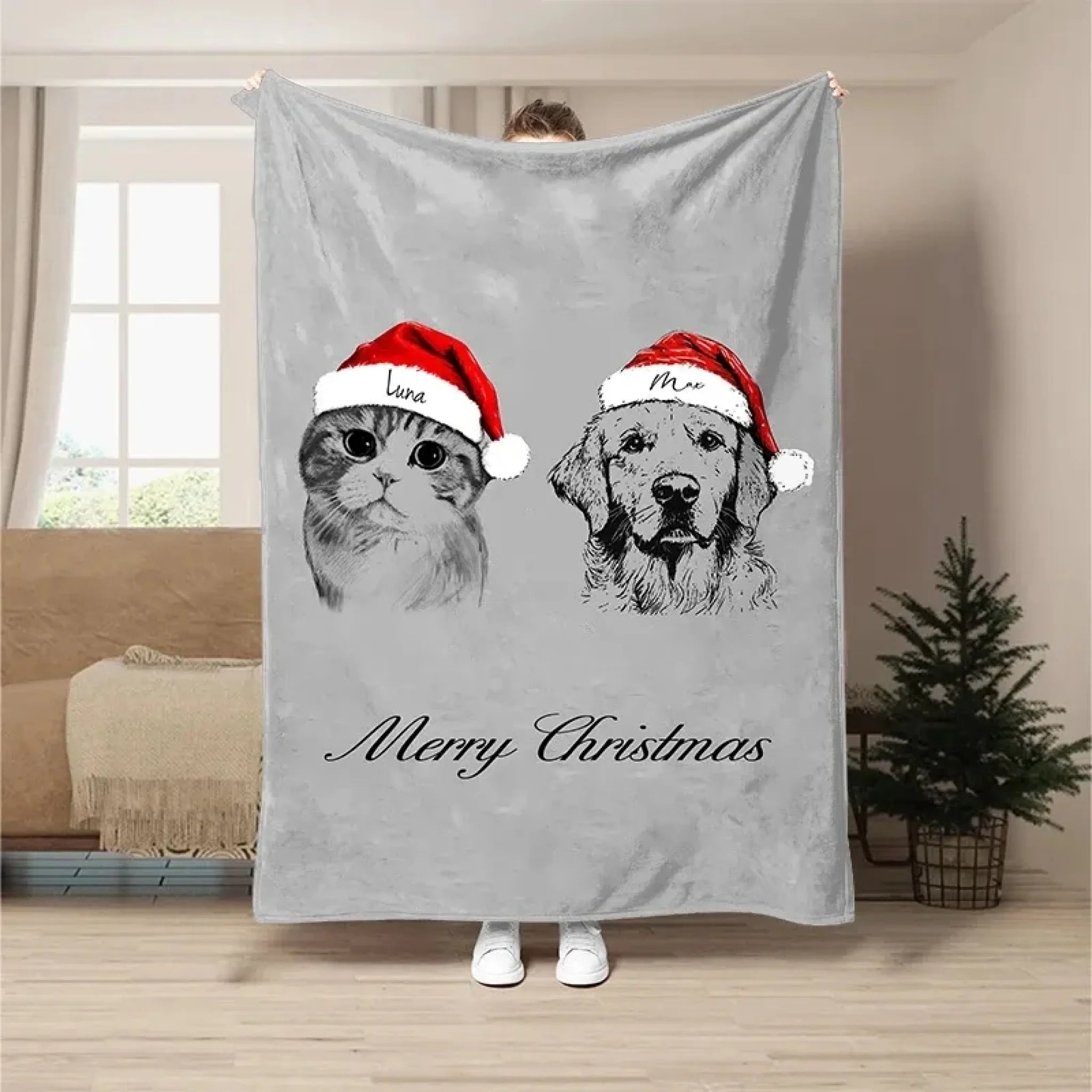 Custom Pet Portrait Sketch Style Christmas Blanket, Photo Customized Personalized Dog Blanket, Cat Photo Blanket (3)