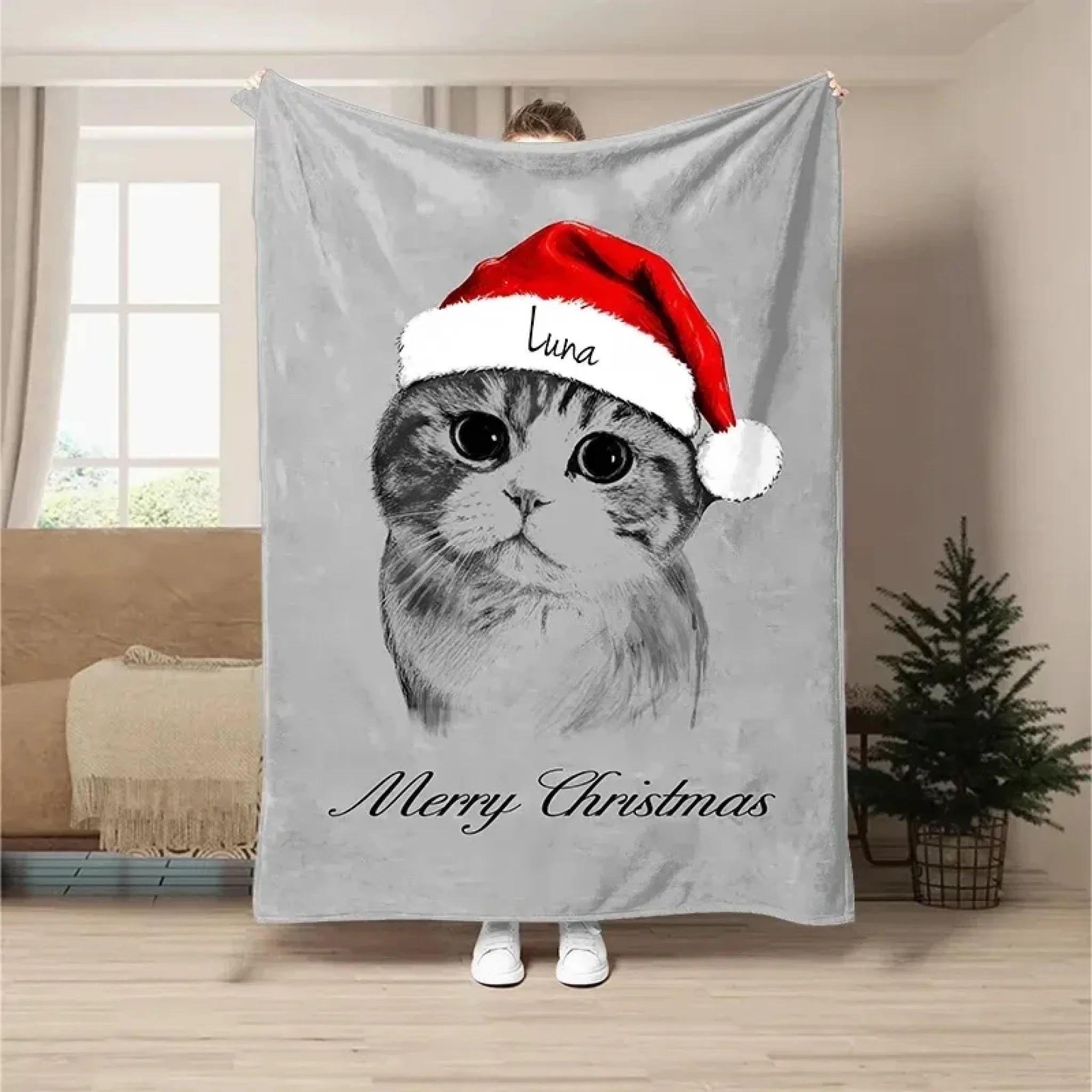 Custom Pet Portrait Sketch Style Christmas Blanket, Photo Customized Personalized Dog Blanket, Cat Photo Blanket (2)