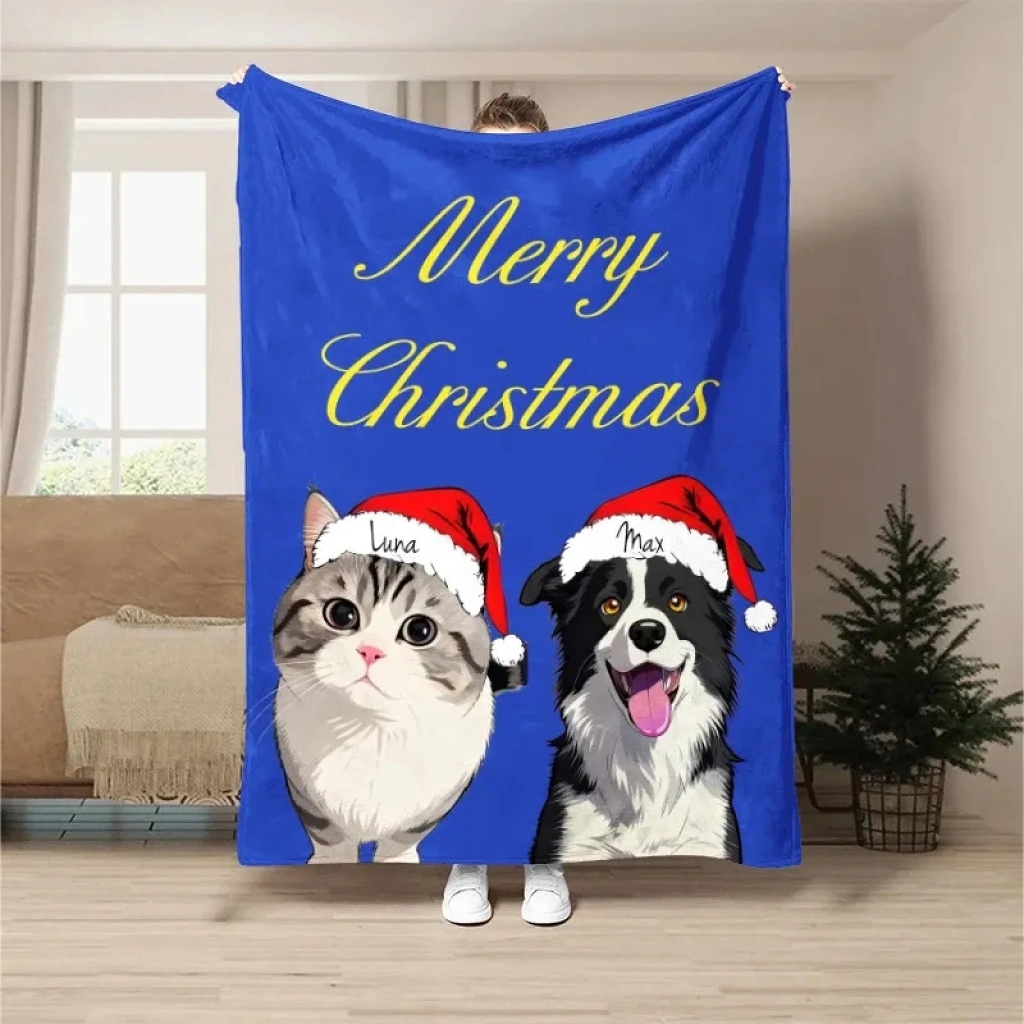 Custom Pet Portrait Christmas Greeting Blanket, Photo Customized Personalized Pet Blanket (1)