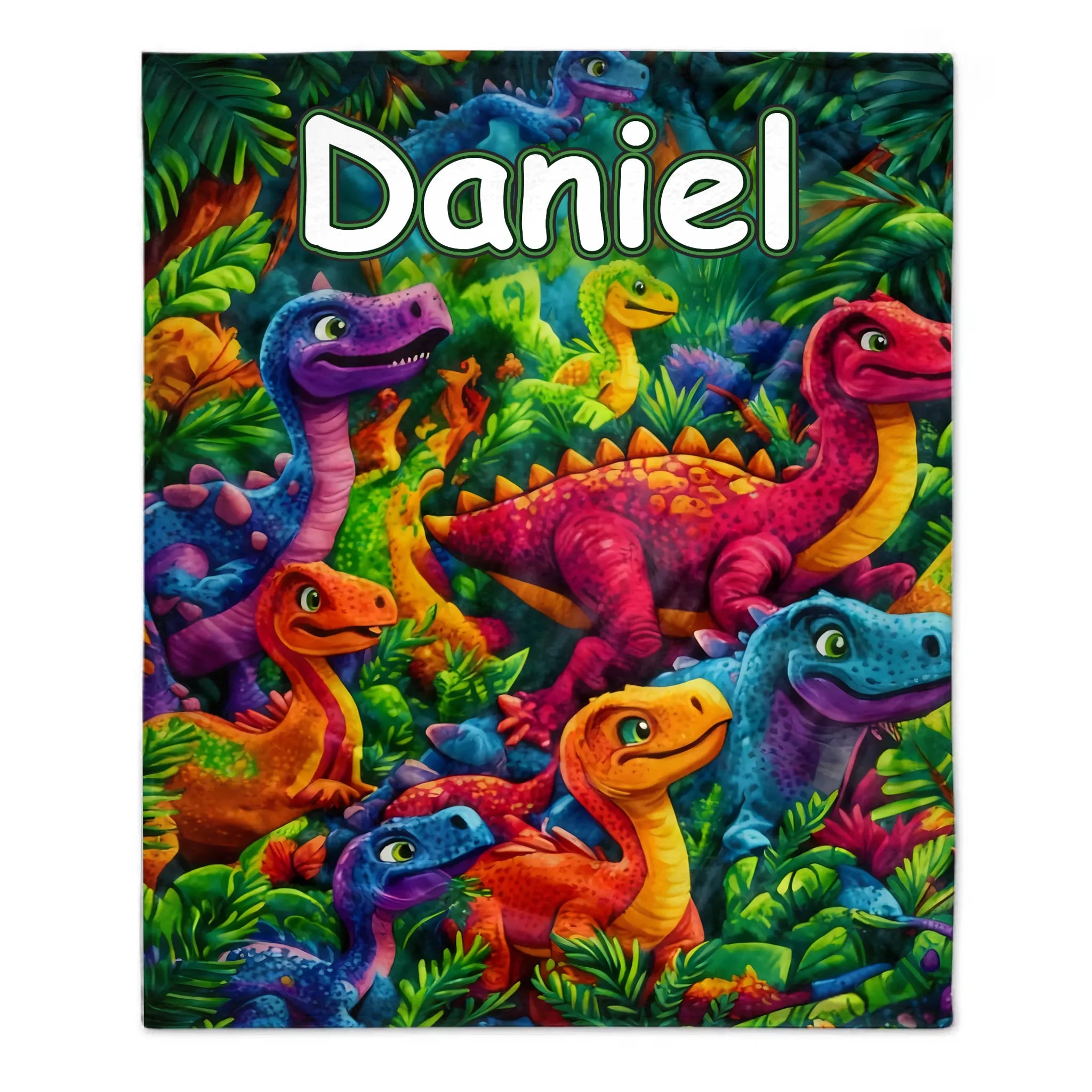 Custom Colorful Dinosaur Blanket – Personalized Dino Jungle Throw – Gift for Kids