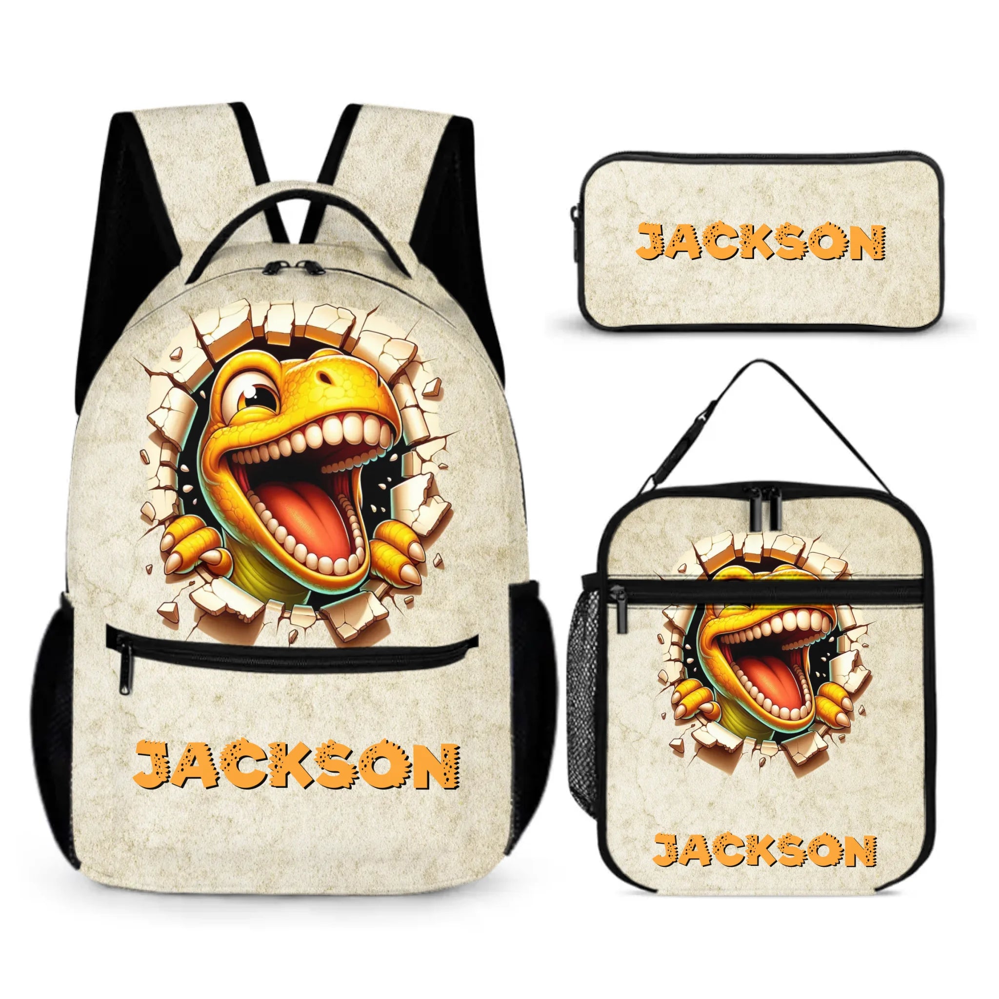Cartoon Dinosaur Bursts Through Hole Custom Backpack - Personalized Name