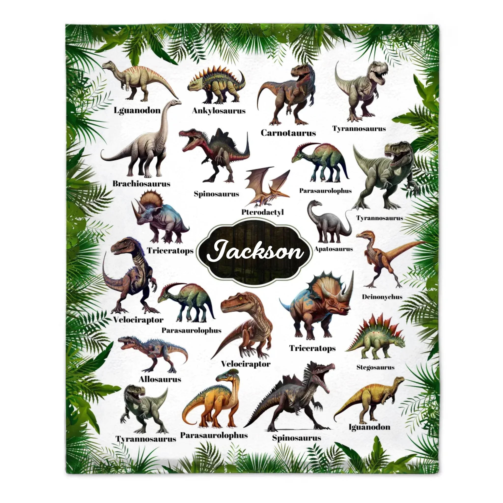 Personalized Leaf Border Dinosaur Blanket
