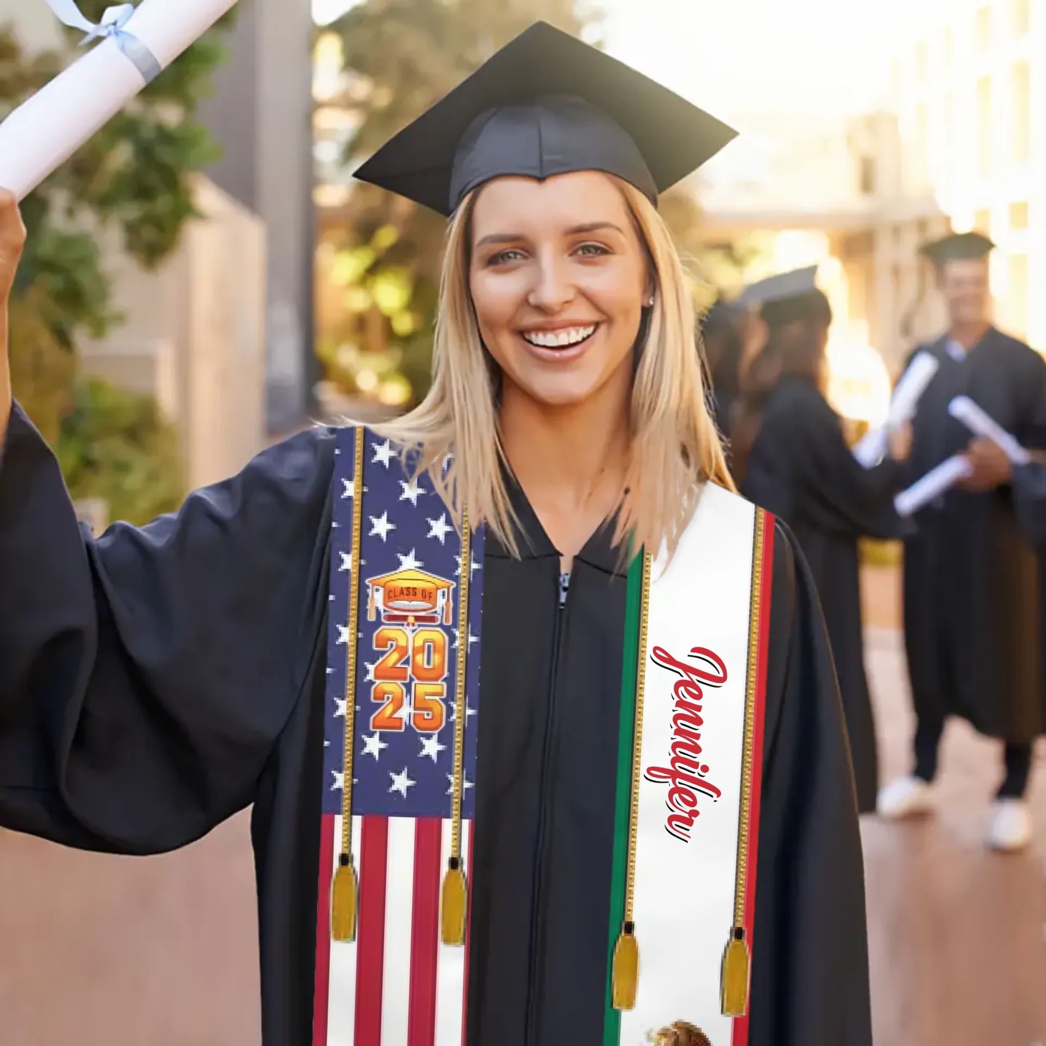Benutzerdefinierte Fahnen-Stolen-Schärpe - Personalisierte Flagge, Name und Jahr Abschlussgeschenk - Geschenke für Absolventen, Freunde, BFFs, Familie, Patrioten