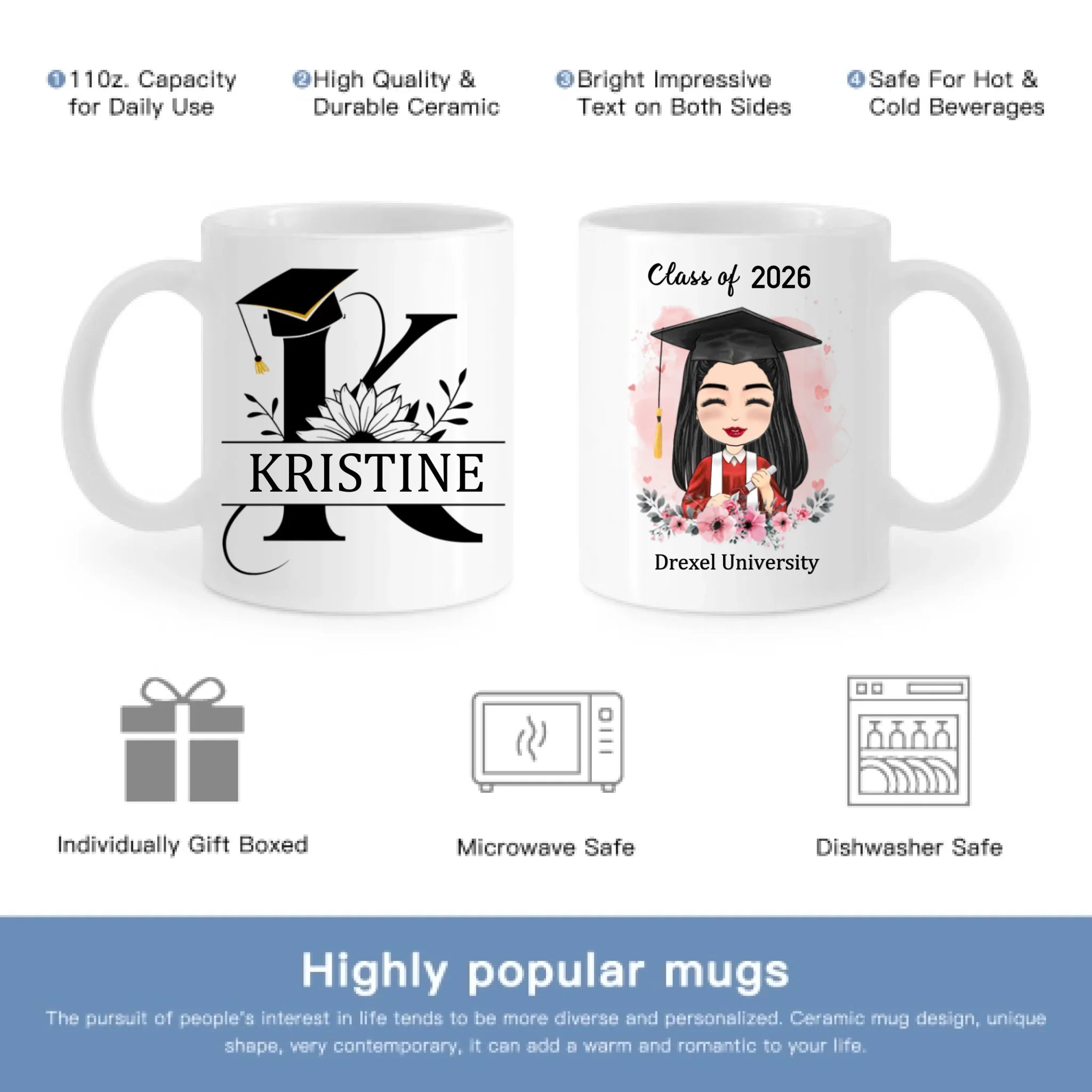 Personalized Custom Mug - Graduation Class Of 2026 ,  Clipart Flower