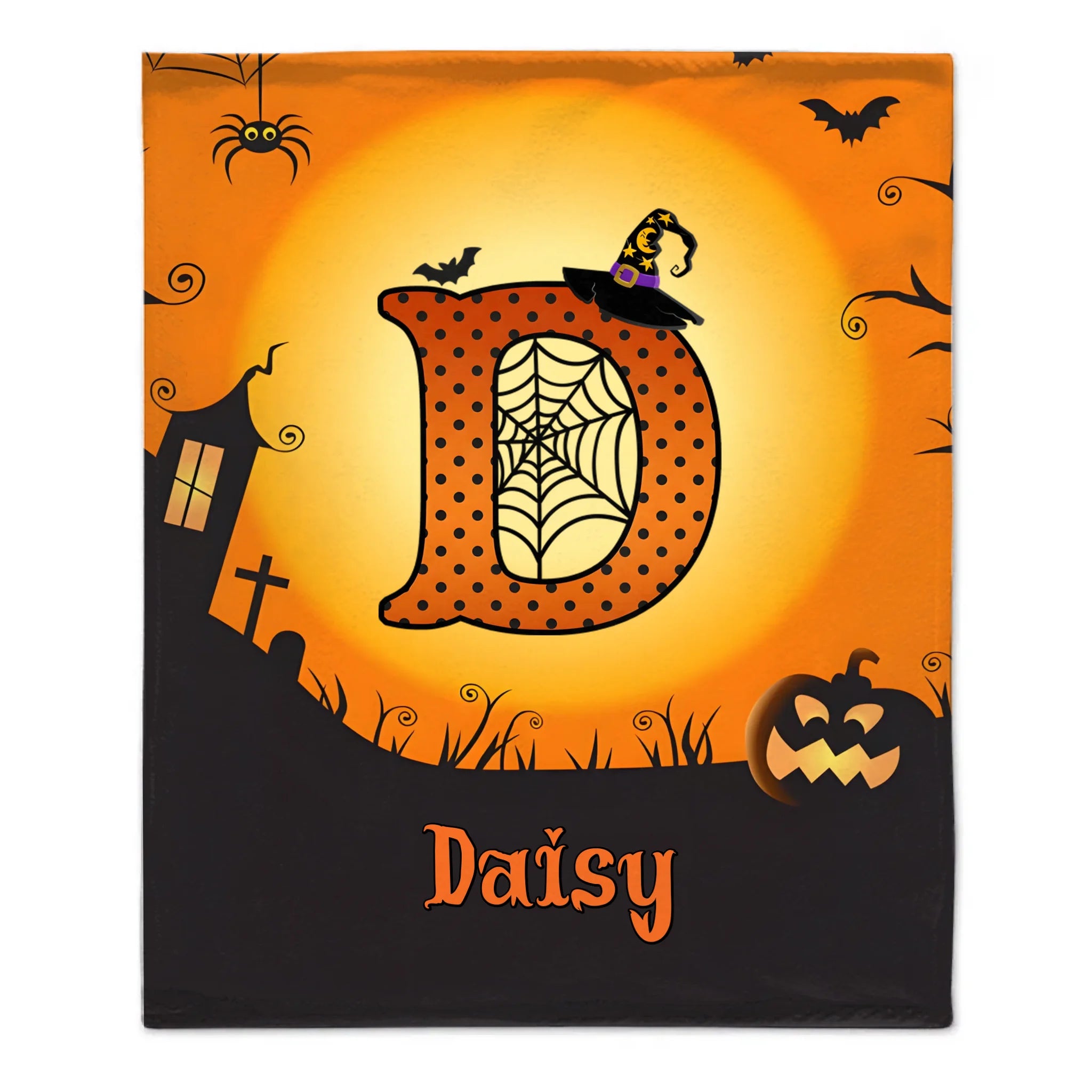 Custom Halloween Blanket – Personalized Spooky Throw Blanket with Initial & Name – Gift for Kids, Girls & Boys