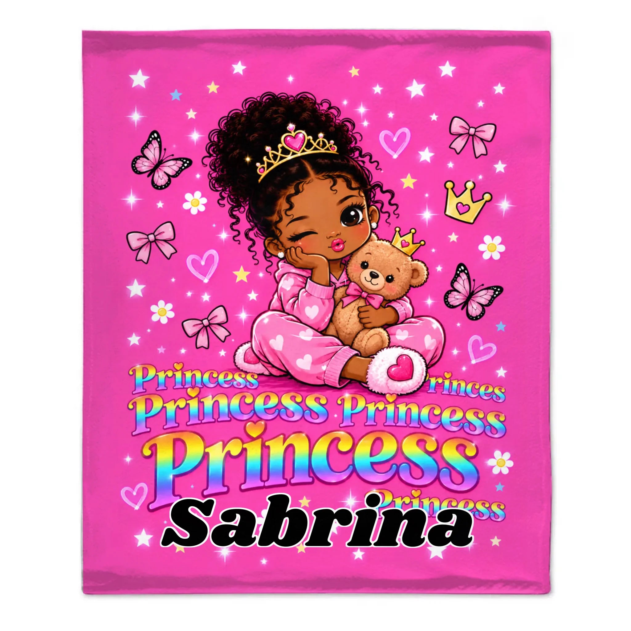 Personalized Black Girl Princess Throw Blanket – Cute Crown Soft Fleece Blanket with Name – Birthday Gift For Girls