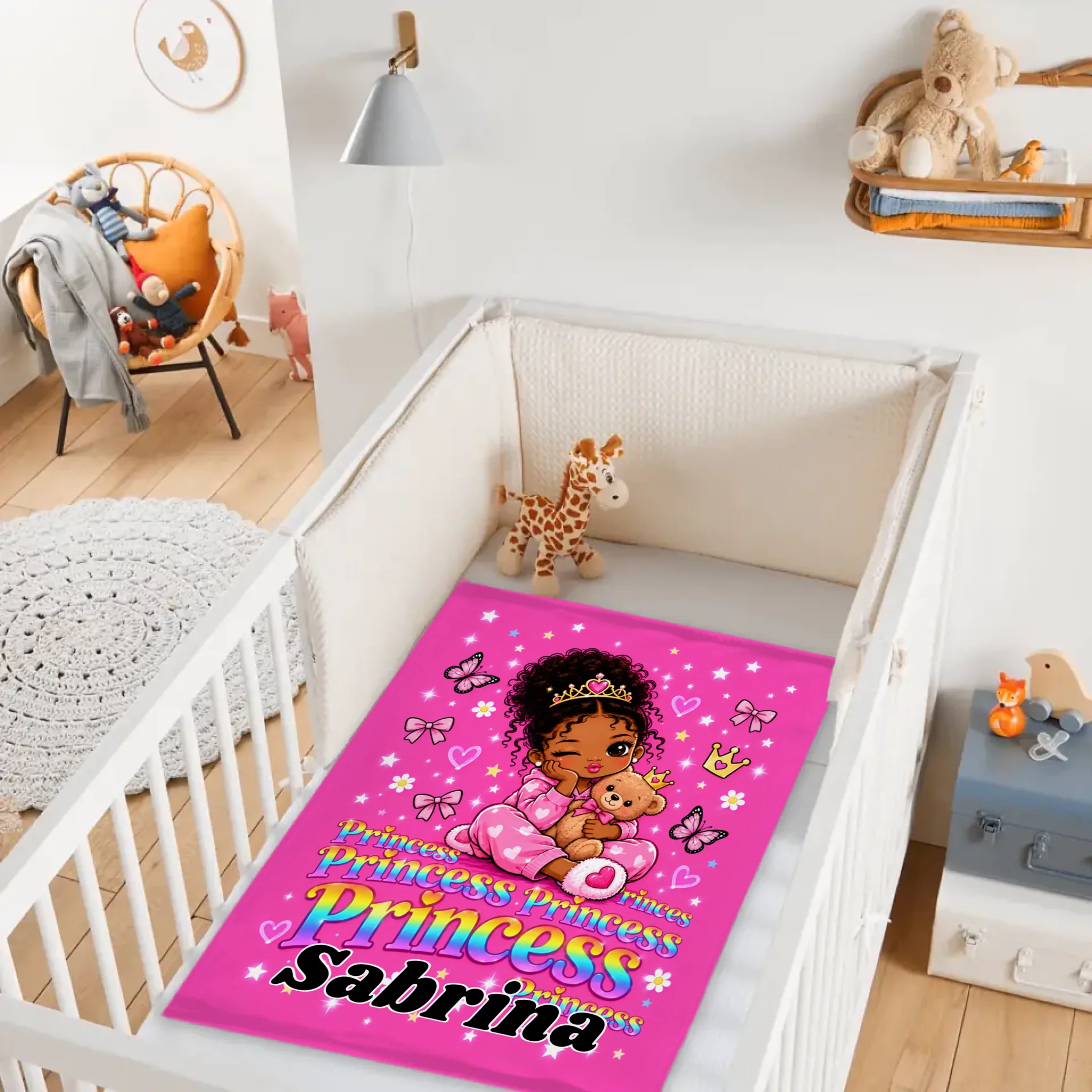 Personalized Black Girl Princess Throw Blanket – Cute Crown Soft Fleece Blanket with Name – Birthday Gift For Girls