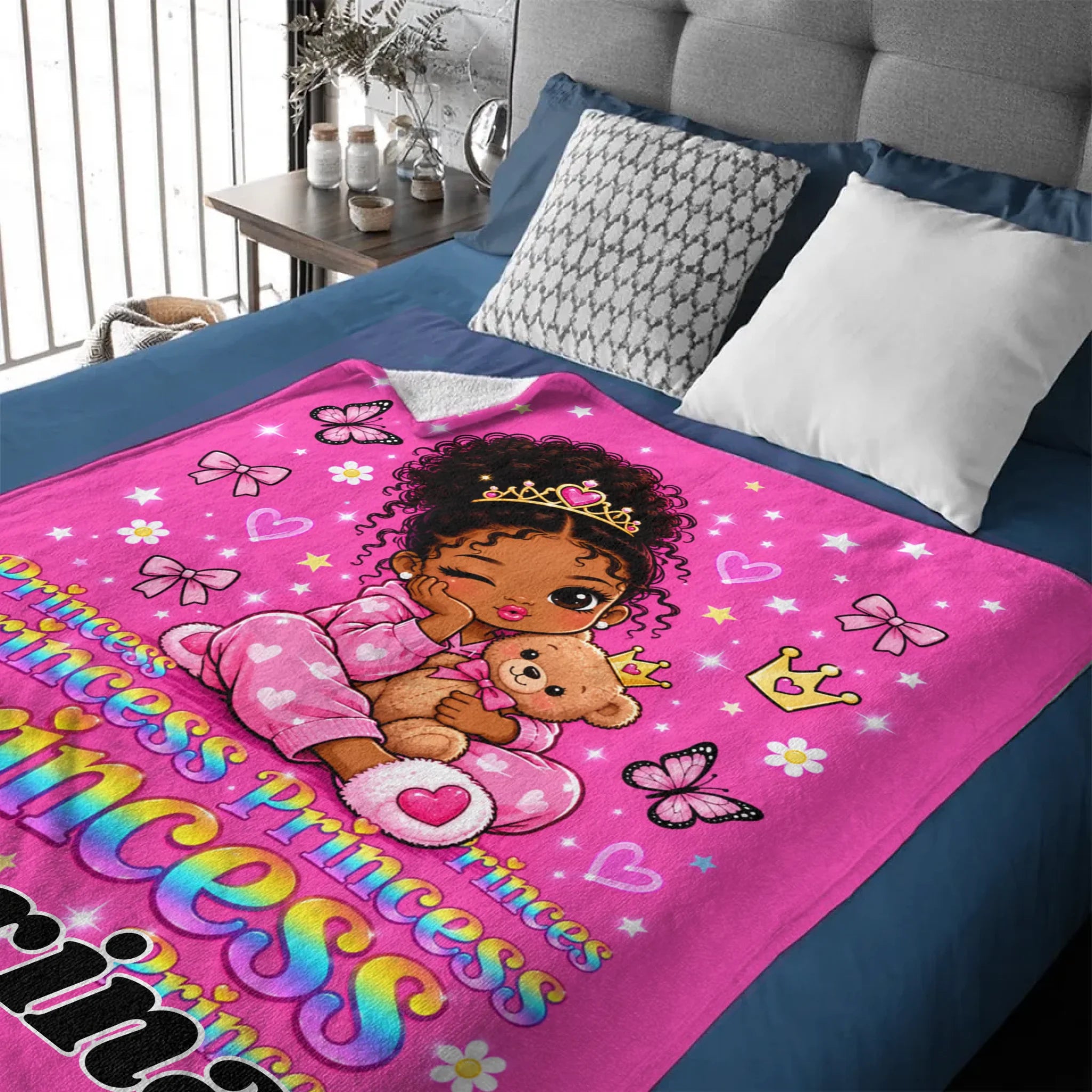 Personalized Black Girl Princess Throw Blanket – Cute Crown Soft Fleece Blanket with Name – Birthday Gift For Girls
