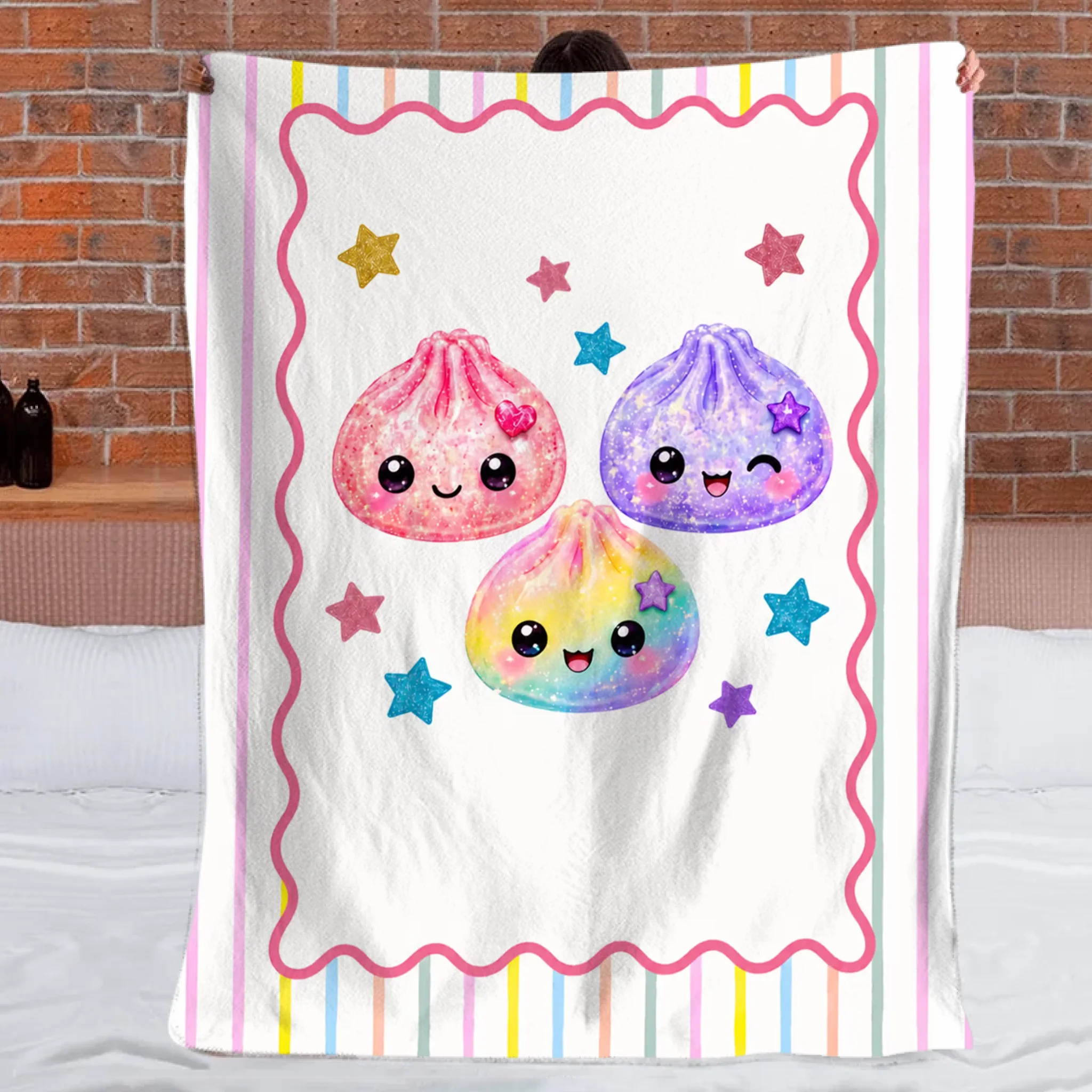 Personalized Cute Striped Dumpling Throw Blanket – Soft Fleece Blanket with Name – Birthday Christmas Gift For Girls