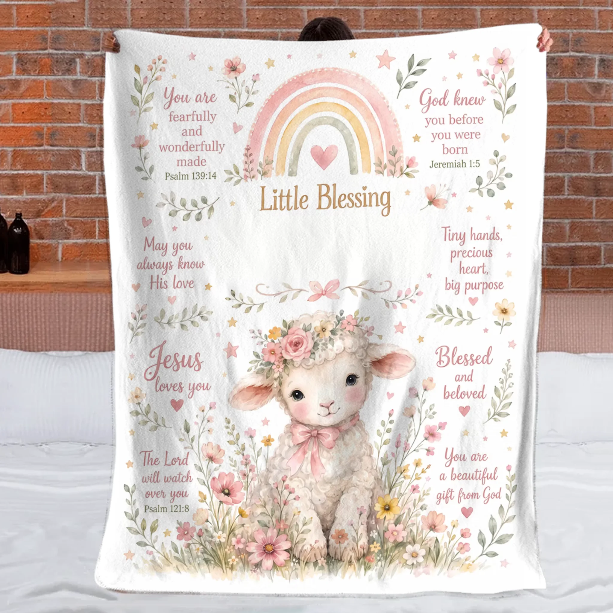 Personalized Floral Lamb Christian Throw Blanket – Soft Fleece Blanket with Name & Blessing Quotes – Baptism Gift For Babies