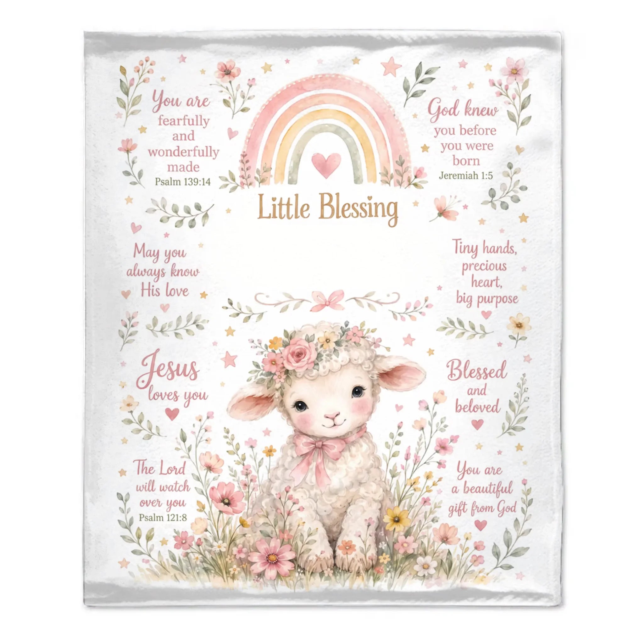 Personalized Floral Lamb Christian Throw Blanket – Soft Fleece Blanket with Name & Blessing Quotes – Baptism Gift For Babies