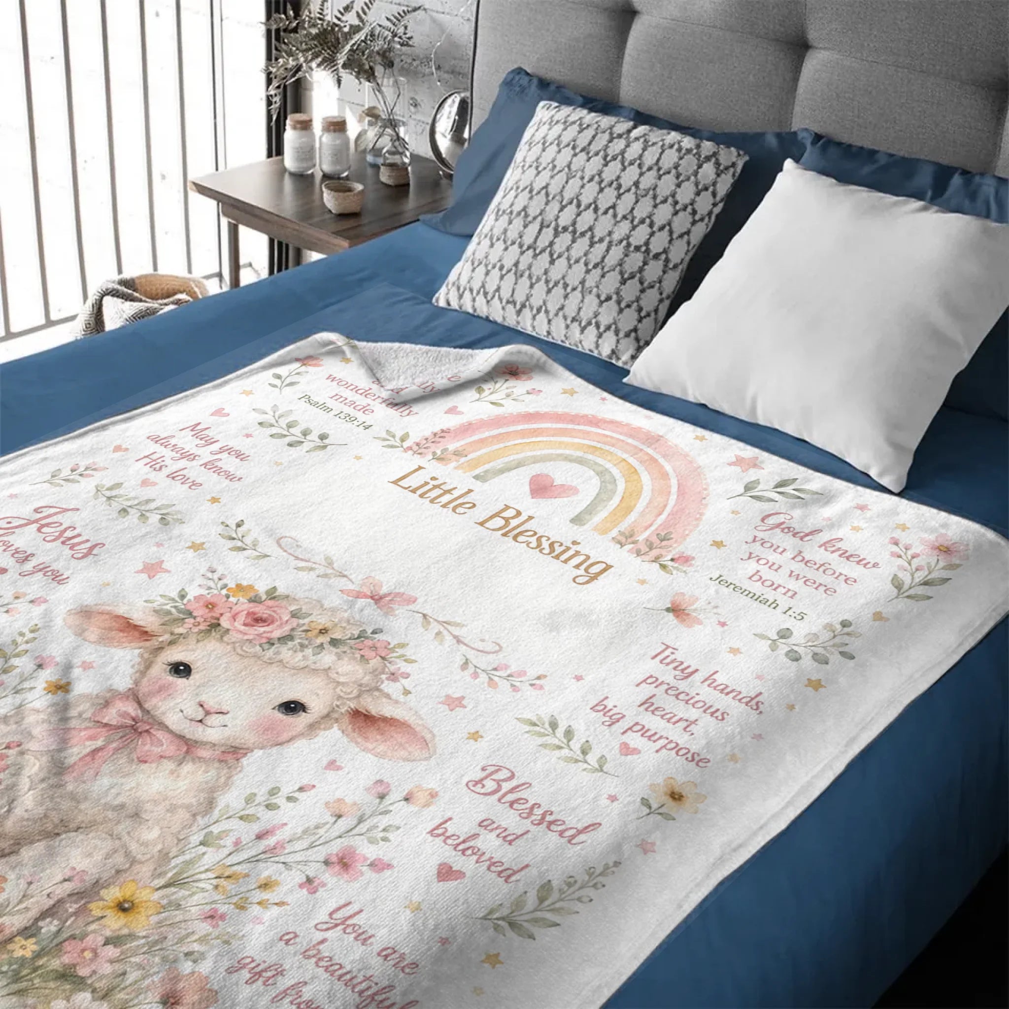 Personalized Floral Lamb Christian Throw Blanket – Soft Fleece Blanket with Name & Blessing Quotes – Baptism Gift For Babies