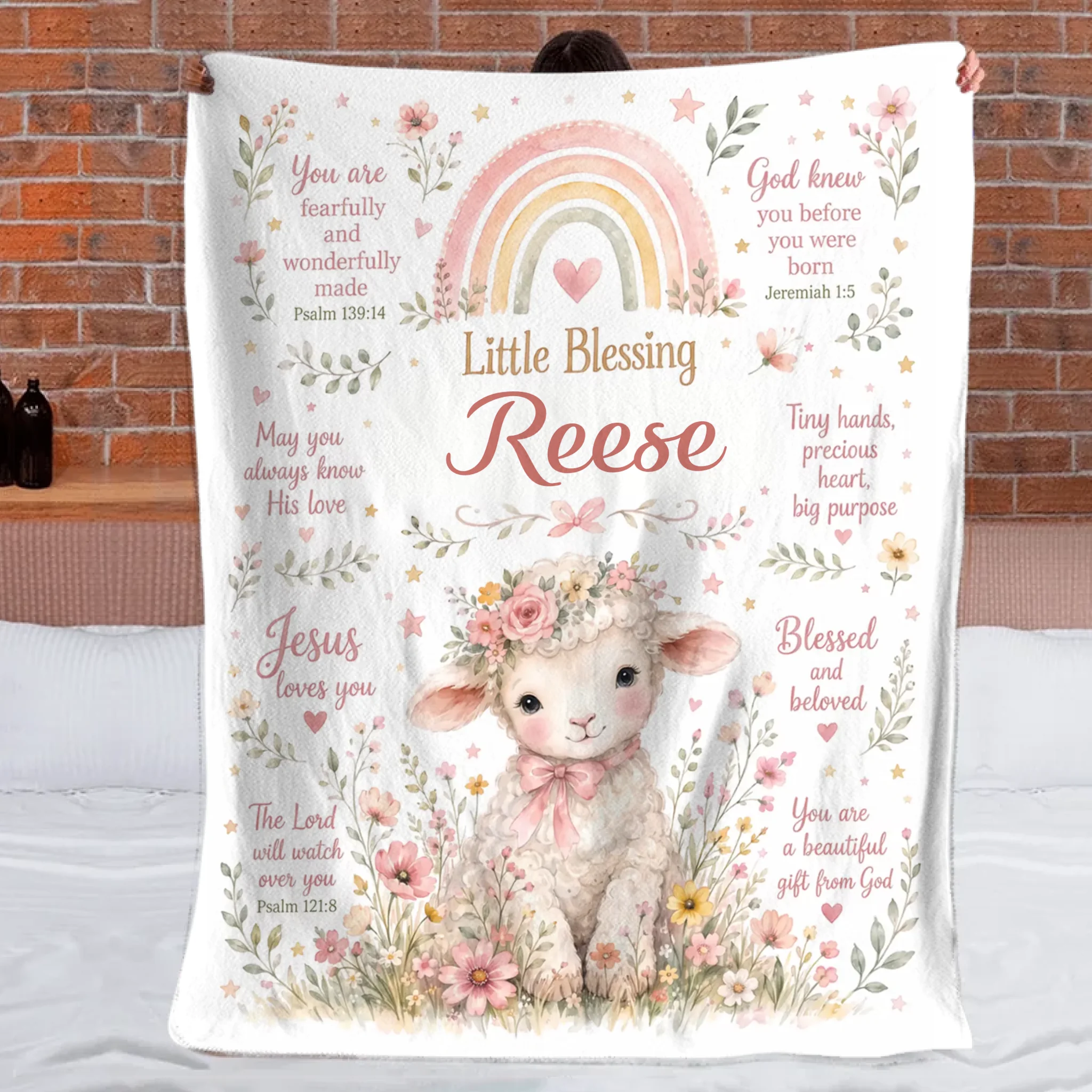 Personalized Floral Lamb Christian Throw Blanket – Soft Fleece Blanket with Name & Blessing Quotes – Baptism Gift For Babies