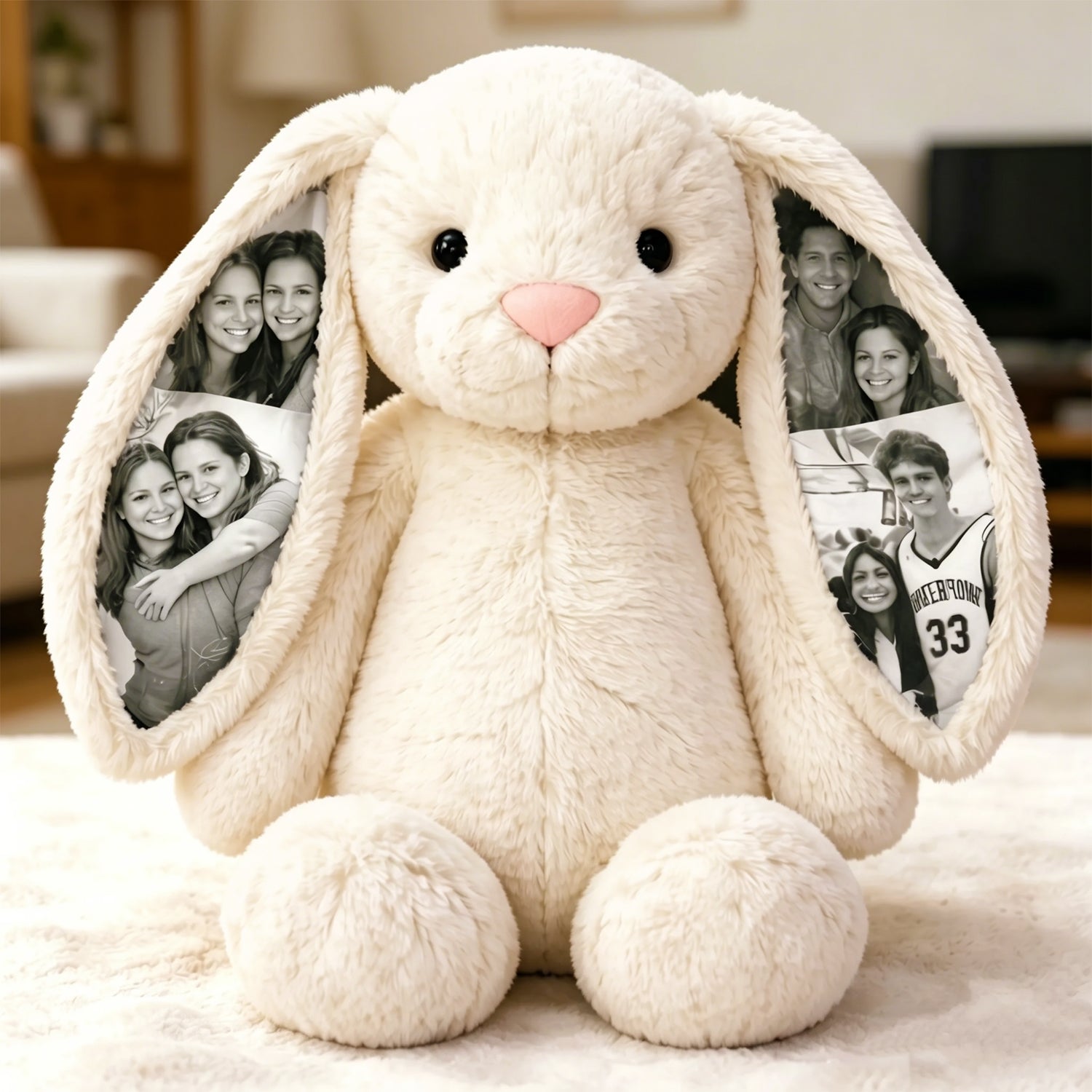 Custom Photo Bunny Plush Personalized Hidden Ear Picture Bunny Gift for Couples Anniversary Mother's Day Gifts