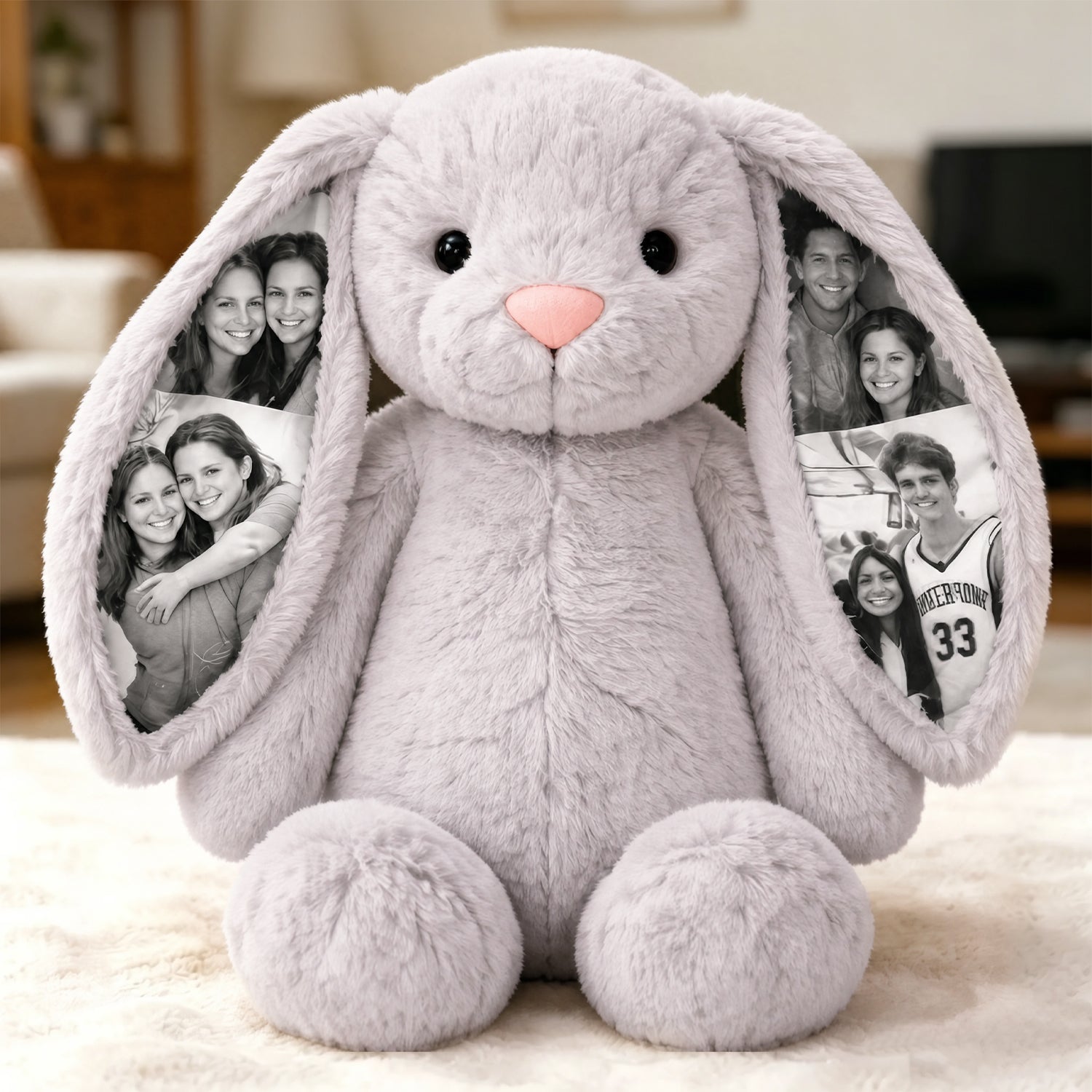 Custom Photo Bunny Plush Personalized Hidden Ear Picture Bunny Gift for Couples Anniversary Mother's Day Gifts