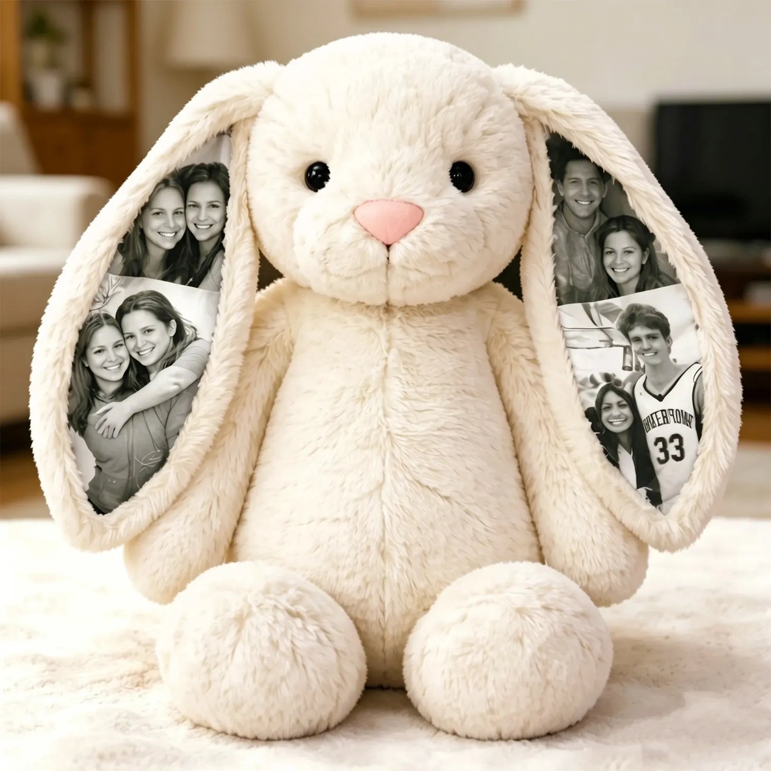 Custom Photo Bunny Plush Personalized Hidden Ear Picture Bunny Gift for Couples Anniversary Mother's Day Gifts