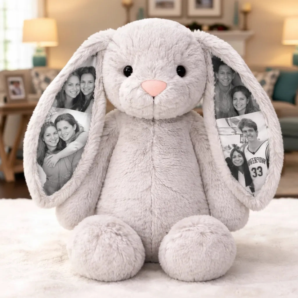 Custom Photo Bunny Plush Personalized Hidden Ear Picture Bunny Gift for Couples Anniversary Mother's Day Gifts