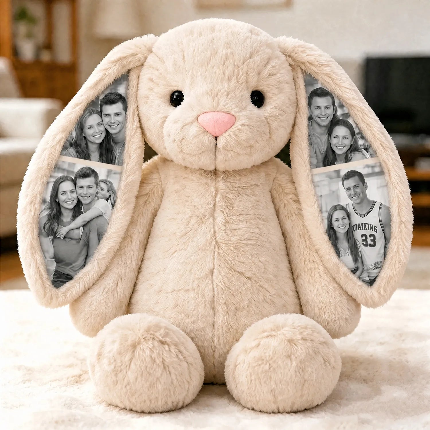 Custom Photo Bunny Plush Personalized Hidden Ear Picture Bunny Gift for Couples Anniversary Mother's Day Gifts